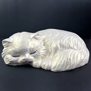 Statuina gatto persiano addormentato vintage bianco perlato pelo lungo ceramica 12" - Foto 1 di 14
