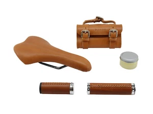 Fahrrad Echtleder Set Sattel Griffe Tasche Piaggio WI Bike - Picture 1 of 3