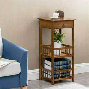 Bamboo Side Table 3-Tier Bedside Couch Sofa Chairside End Table with Drawer Home - Picture 1 of 16