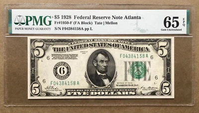 1928   $5 FRN  ATLANTA   FR. 1950-F []  PMG 65 EPQ  Ser#  F 0438 4158 A - Image 1 of 3