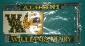 LICENSE PLATE VANITY FRAME ALUMNI WILLIAM & MARRY CHROME DECAL SET NEW OPEN - Foto 1 di 6