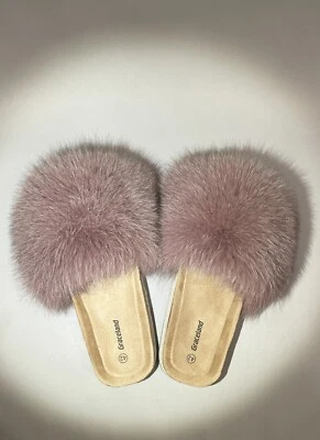 紫色真狐狸毛皮拖鞋女式 42 码/美国 9.5 码(#20) — 第 1/3 张图片