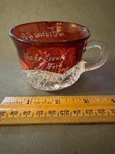 EAPG RUBY STAINED LAKE COUNTY FAIR 1907 ETCHED ANTIQUE GLASS TEACUP CUP MUG - Picture 1 of 7