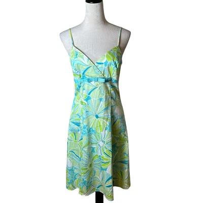 Vintage Y2K B. Vestido Solero Floral Inteligente 7/8 | Verde Azul Estampado Margarita Cintura Imperio Foto 1 de 4