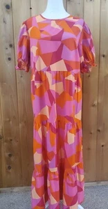 PRETTY GARDEN MIDI Maxi Dress L Geometric Tiered Ruffle Puff Sleeve Orange Pink - Picture 1 of 9