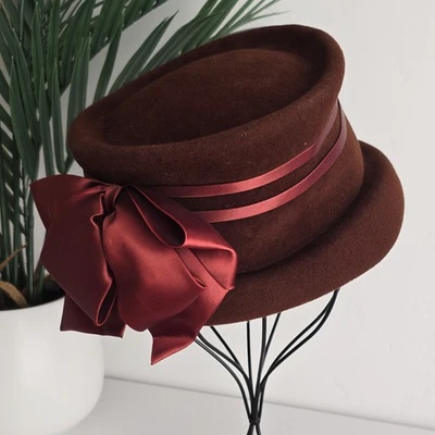 Vintage Andre Canadian Hat, Victorian Steampunk Style Womens Top Hat, Satin Bow - Image 1 of 4