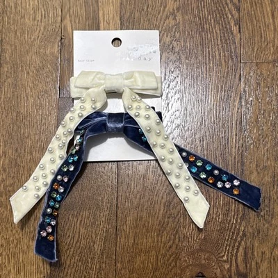 Juego de 2 pasadores de pelo con moño de terciopelo con piedras azul marino/marfil - un nuevo día Foto 1 de 4