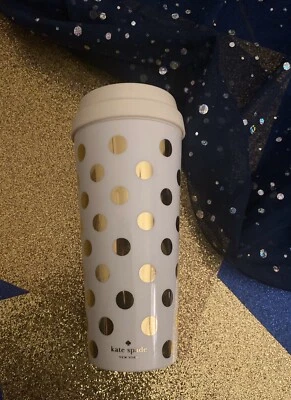 KATE SPADE GOLD POLKA DOT Coffee Tumbler LUX LOVELY GR8UC BPA-FREE RARE TALL 16 - Image 1 of 4