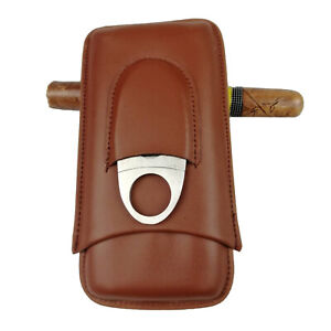 Leather Portable Cigar Holder Case Humidor W/ Stainless Steel Cigar Cutter