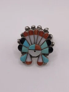 Signed Zuni Sunface Chief Multi-Stone Inlay Sterling Silver 925 Ring Size 6.5 - Picture 1 of 8