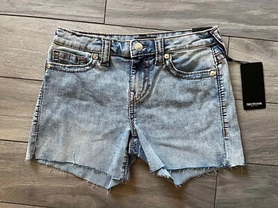 PANTALONES CORTOS TRUE RELIGION JAYDE BIG T DOBLADILLO CRUDO, TIRO MEDIO, AZUL LAVADO CLARO, NUEVOS CON ETIQUETAS $159 Foto 1 de 2