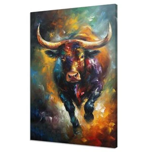 Colourful Angry Bull Bufallo Painting Style Modern Framed Canvas Print Wall Art - Picture 1 of 7