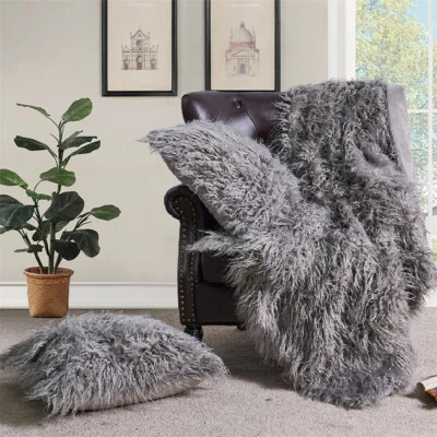 Mongolian Faux Fur Throw Blanket with 2 Pillow Covers – Super Soft & Cozy Set - Image 1 of 4