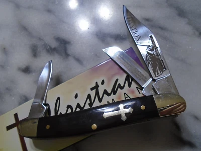 Salvation Christian Stockman 3 刀口袋刀黑色水牛角 BK6561 全新 — 第 1/4 张图片