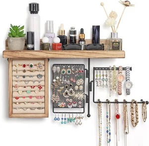 New- Hanging Jewelry Organizer Wall Mount with Rustic Wood Shelf, Ring - Picture 1 of 5