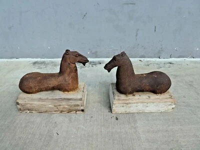PAIR OF VERY UNUSUAL 19TH C CAST IRON HORSES ON  DOVE TAILED WOOD PLINTHS  - Image 1 of 4
