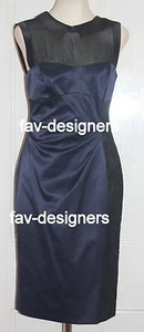 KAREN MILLEN Navy Satin Black Lace Embroidery Pencil Shirt Dress Size UK 10 NEW - Picture 1 of 2