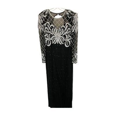 Beaded Silk Laurence Kazar Evening Gown Medium Vintage Dress! Black White Formal - Image 1 of 4