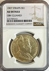 1907 Straits Settlements Dollar, NGC AU Details - Obverse Cleaned - Picture 1 of 4