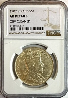 1907 Straits Settlements Dollar, NGC AU Details - Obverse Cleaned - Image 1 of 4