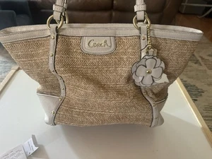 COACH ALEXANDRA Python STRAW TOTE BAG F21959 CREAM/TAN Purse Spring EUC C1 - Picture 1 of 8