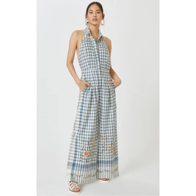 Anthropologie Picnic Floral Embroidered Plaid Halter Jumpsuit One Piece size 2 - Image 1 of 4