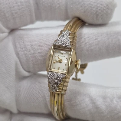 Pulseira Bulova Vintage Relógio Feminino Diamante 10K Ouro Preenchido 17 Joias 5AD - Imagem 1 de 4
