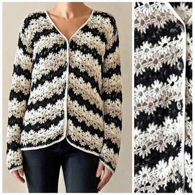 Cárdigan Suéter Curio Vintage Años 90 Tejido a Mano Floral Botón Frontal Algodón Talla XL Foto 1 de 4