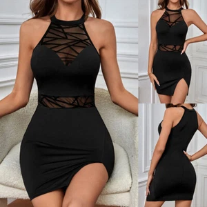 Womens Sexy Bodycon Mesh Sheer Sleeveless Cocktail Clubwear Party Mini Dress - Picture 1 of 24