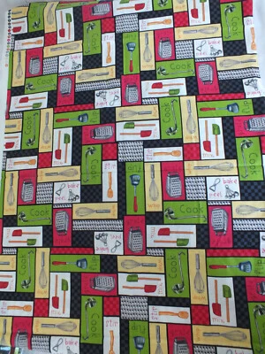 1 yard cotton small Blocks quilt fabric Kitchen utensils cooking whisk OOP - Image 1 of 4