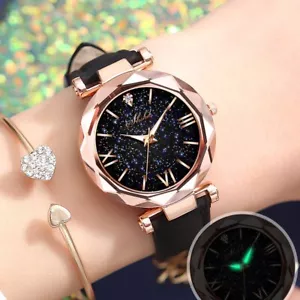 Unisex Stars Little Point Frosted Belt Watch Dotted With Roman Scale Black Watch - Picture 1 of 6