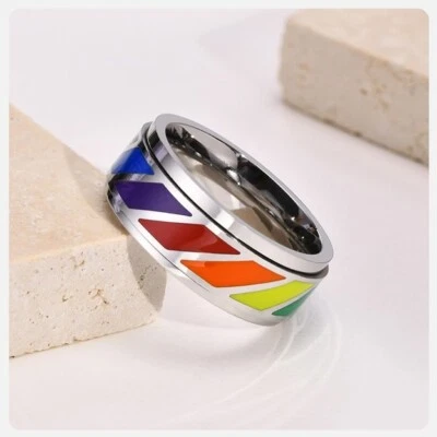 Anillo Gay Lesbiana Arco Iris Fidget Spinner Plata Acero Inoxidable Talla 7-12 Foto 1 de 3