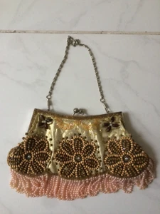 Small beaded clutch bag. Gold clutch bag.Gold vintage beaded clutch with fringe. - Picture 1 of 8