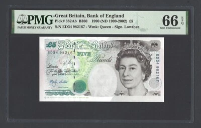Gran Bretaña 5 libras 1990 (ND 1999-2002) P382ab sin circular grado 66 Foto 1 de 2