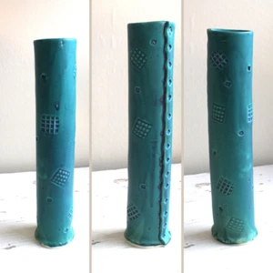 Art Studio Pottery Vase Hand Built Slab Tube Stamped Teal VTG 90s Neo Primitive - Picture 1 of 8
