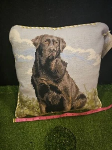 Vtg New Wool Needlepoint Throw Pillow Brown Labrado Retriever Dog 15x15 Velvet - Picture 1 of 5