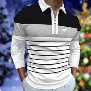 Spring Autumn New Men Clothes Long Sleeve Zipper Stripe Polo Shirt Men Sport - Picture 1 of 3