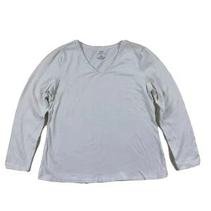 Venezia Rhinestone V-Neck White Modern Fit Stretch Knit Shirt Size 14/16 Cotton  - Picture 1 of 5
