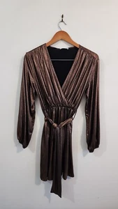 ECO Label Women Shiny Gold Grecian Satin Feel Cocktail Jersey Dress Size S - Picture 1 of 10