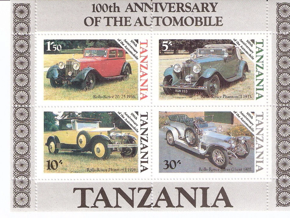 Hoja de recuerdo de autos clásicos de automóvil 100 aniversario de Tanzania 1985 MNH (SC# 266a) Foto 1 de 1