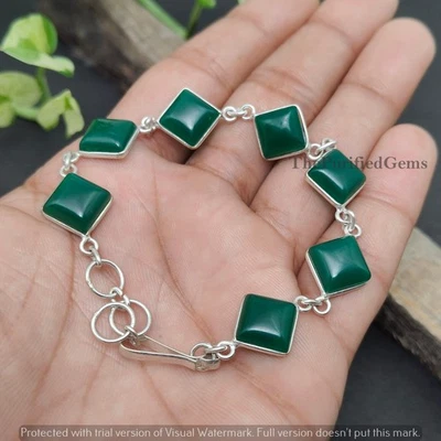 Pulsera Antigua de Ónix Verde, Chapada en Plata de Ley 925, Pulsera Hecha a Mano Regalo Foto 1 de 4