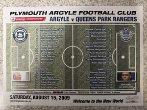 2009/10 Plymouth Argyle v Queens Park Rangers (15/08/09) Championship Team Sheet - Picture 1 of 1