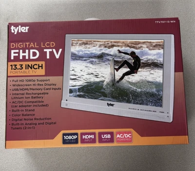 Tyler 13.3" Digital LCD Portable TV, 1080p White, Car adapter. TTV707-13-WH - Image 1 of 3