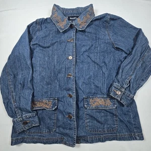 Denim & Co. Button Front Jean Jacket Women's Large Embroidered Flap Pockets - Picture 1 of 11