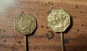 Lot Of 2 1872 Dated California Gold Style Brass Tokens Quarter And Half Sizes - Picture 1 of 3