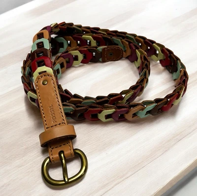 Fossil Leather Chain Link Belt Multicolor Size M 36"-38" Earth Tone Boho Woven - Image 1 of 4