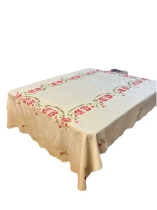 VTG Handmade Cross Stitch Embroidered Cotton Tablecloth Pink Floral  48x65” - Picture 1 of 12