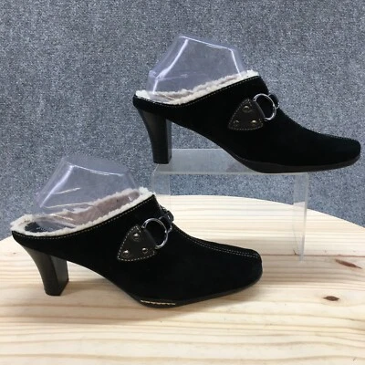 Sandálias Aerosoles Femininas 9.5 B Casual Slip On Forrado Mules Preto Camurça Saltos - Imagem 1 de 4
