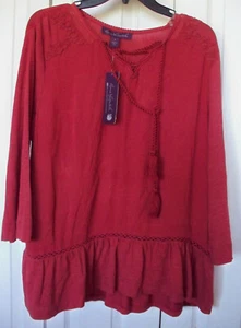 S $48 Ginger Rust GLORIA VANDERBILT Tassel Bell Slv Pullover Blouse Tunic Top - Picture 1 of 5