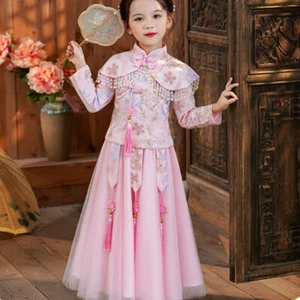 Princess Girls Hanfu Top Skirt Fringe Embroidery Floral Swing Dance Dress Winter - Picture 1 of 13